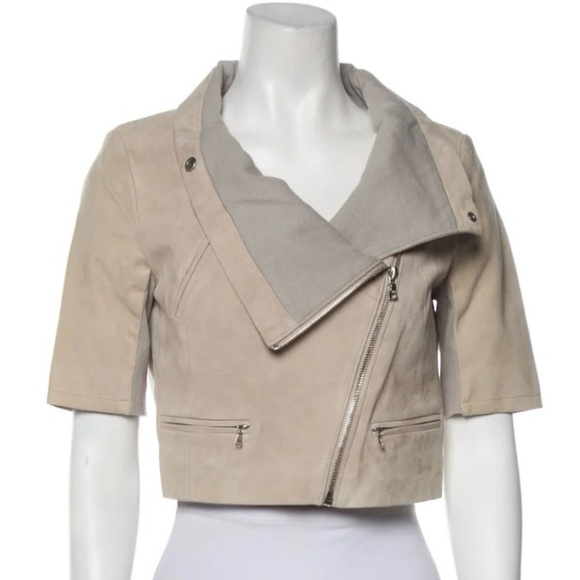 EUC - Yigal Azrouel Cream Short Sleeve Lamb Crop Biker Jacket with High Collar